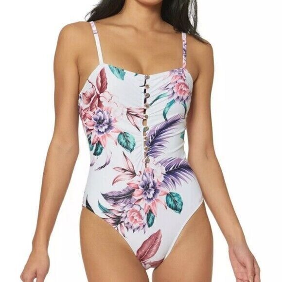 B-364 Jessica Simpson Floral Button One Piece Swimsuit  WHITE TROPICAL sz S - Picture 1 of 2